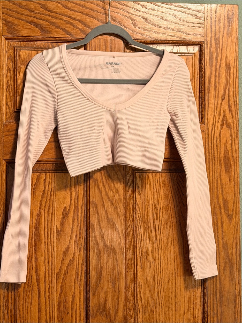 Garage Ribbed Long Sleeve Scoop Crop Top in Blush Pink